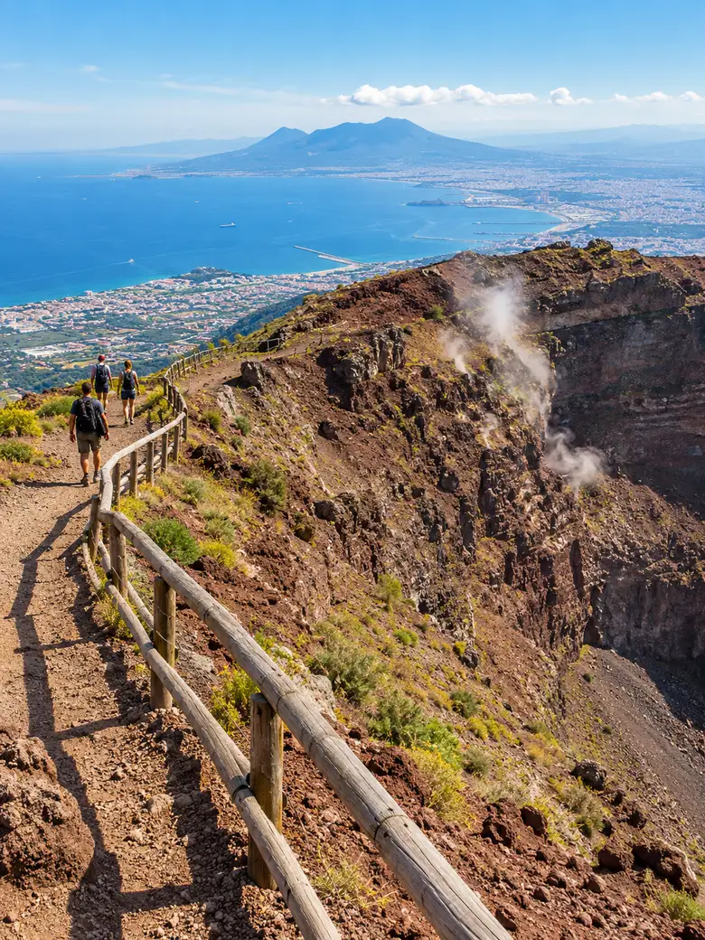 Le chemin de gravier bordé d'une rambarde en bois le long du bord du cratère du Vésuve, avec de la vapeur et la baie de Naples en contrebas