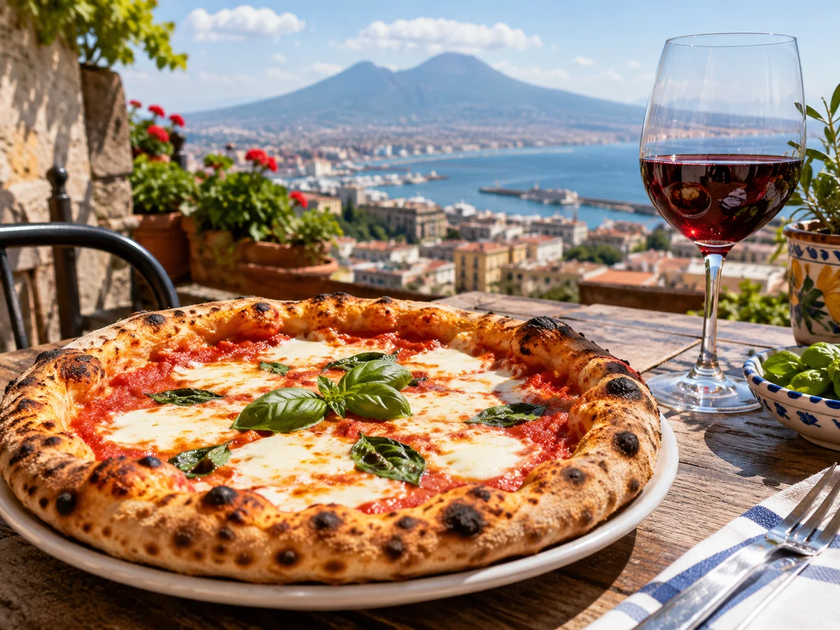 Une pizza Margherita napolitaine et un verre de vin rouge sur une terrasse, avec le Vésuve en arrière-plan